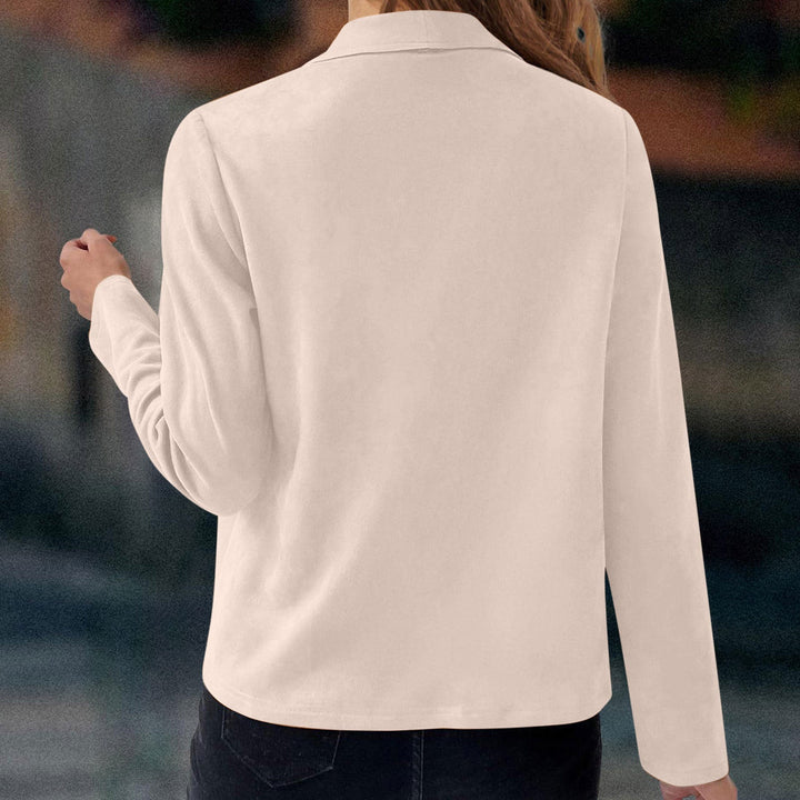 Chic women's draped jacket, an elegant layering piece with a flowing waterfall lapel for office wear.
