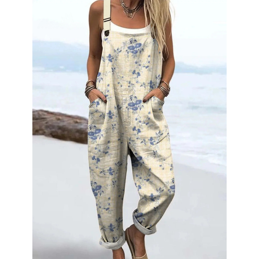 Women's effortless floral jumpsuit, perfect for summer casual wear, daywear, or vacation. Comfortable, relaxed fit.