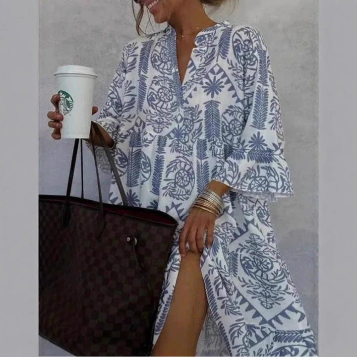 Khaki floral print tiered sundress for women, casual boho tunic style, comfortable for weekend wear.