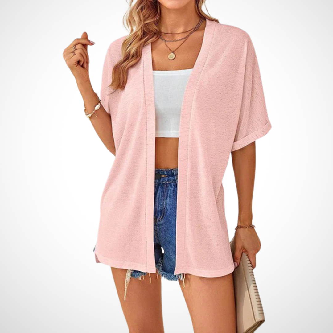 Versatile women's short sleeve open front cardigan. Effortless flowing top for summer fashion & comfort.