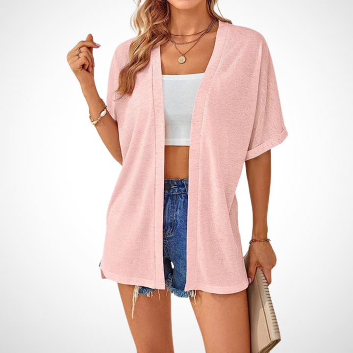 Versatile women's short sleeve open front cardigan. Effortless flowing top for summer fashion & comfort.