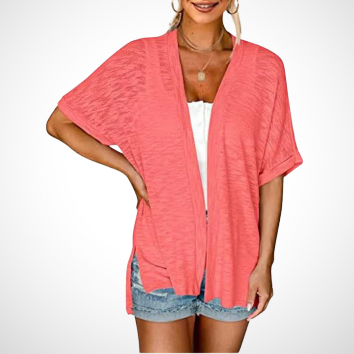 Effortless women's short sleeve flowing cardigan. Lightweight open front top, perfect for summer layering.