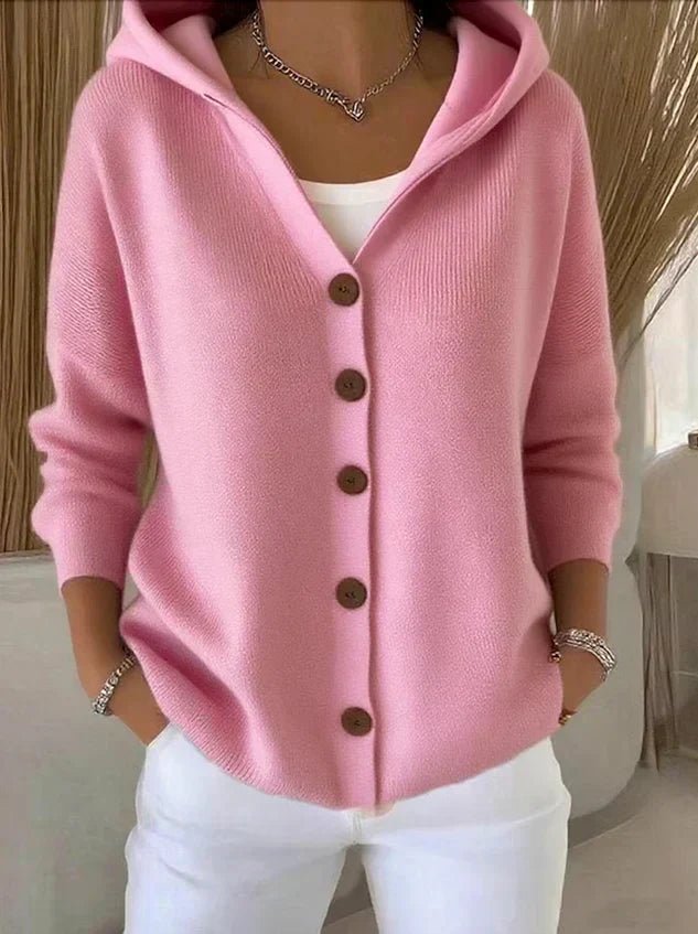 Women's effortless hooded button-front relaxed fit cardigan sweater, perfect for casual layering.