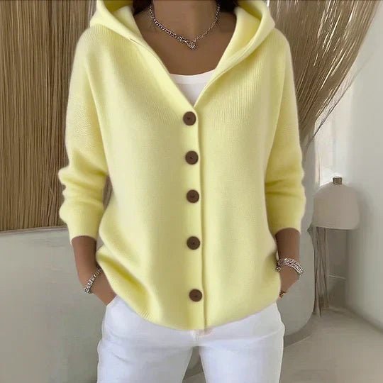 Plus size women's relaxed hooded button-front cardigan, soft and cozy outerwear for all seasons.