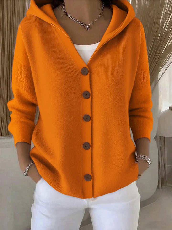 Women's casual hooded button-front cardigan sweater, relaxed fit, perfect cozy outerwear for comfort.