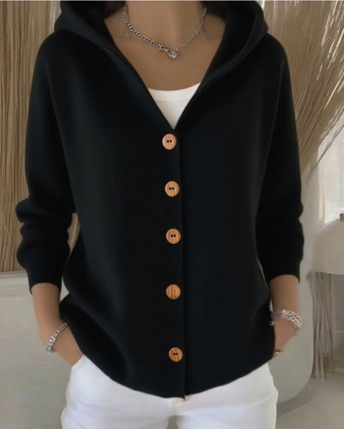 Effortless hooded button-front cardigan for women, relaxed fit, soft material for ultimate comfort.