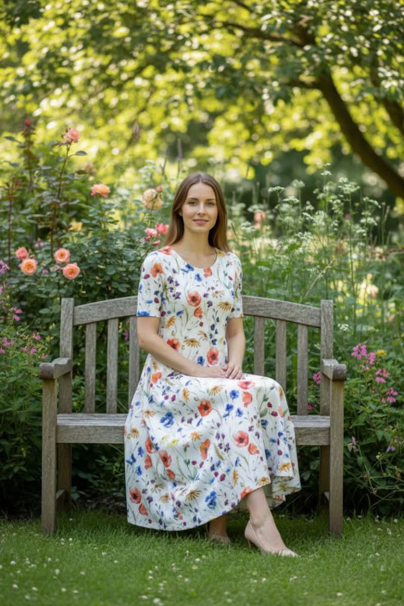 Elegant floral print knee-length dress for women. Perfect summer day dress with pockets.