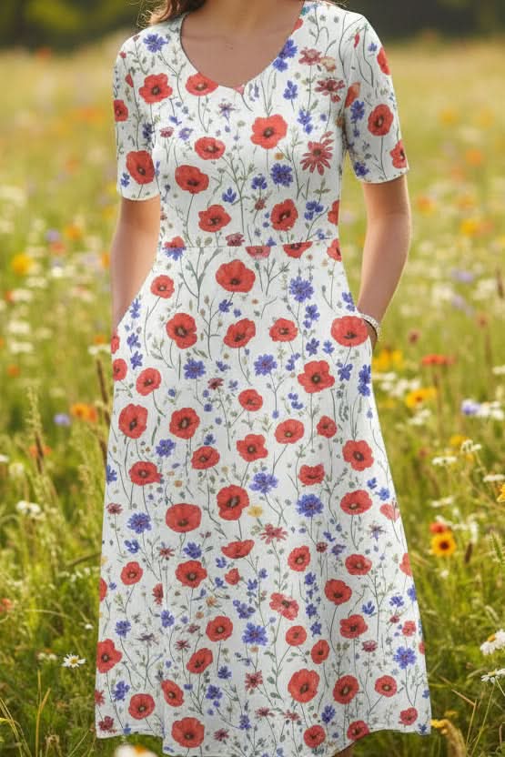 Floral print knee-length summer dress. Women's comfortable casual wear with pockets.