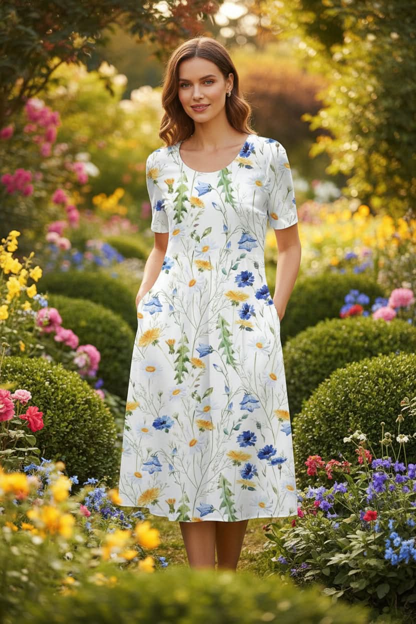 Chic women's knee-length dress. Perfect for summer, offering style and comfort with pockets.