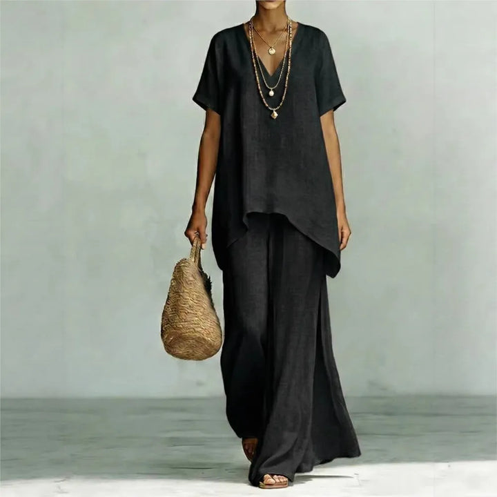 Comfortable women's wide leg linen blend pants, part of a summer two-piece matching set. Perfect for resort wear.