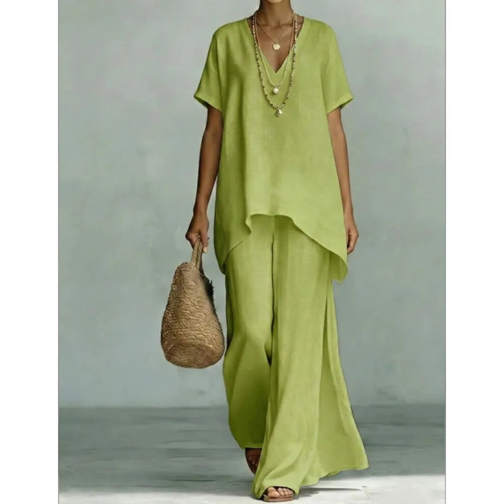 Close-up of a women's linen blend two-piece set, highlighting the breathable fabric and comfortable texture for summer.