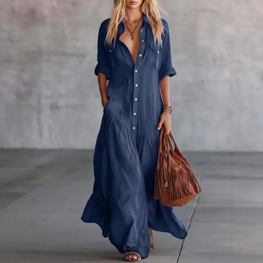 Women's effortless loose tiered button-down maxi dress for casual summer wear. Flowy and comfortable.