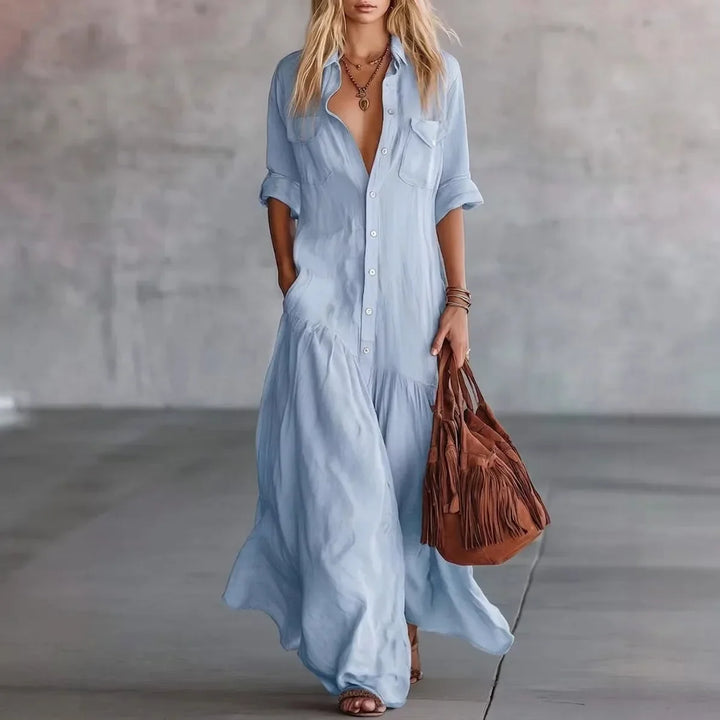 Loose fit women's tiered button-down maxi dress, perfect as a casual everyday or travel dress. Effortless style.