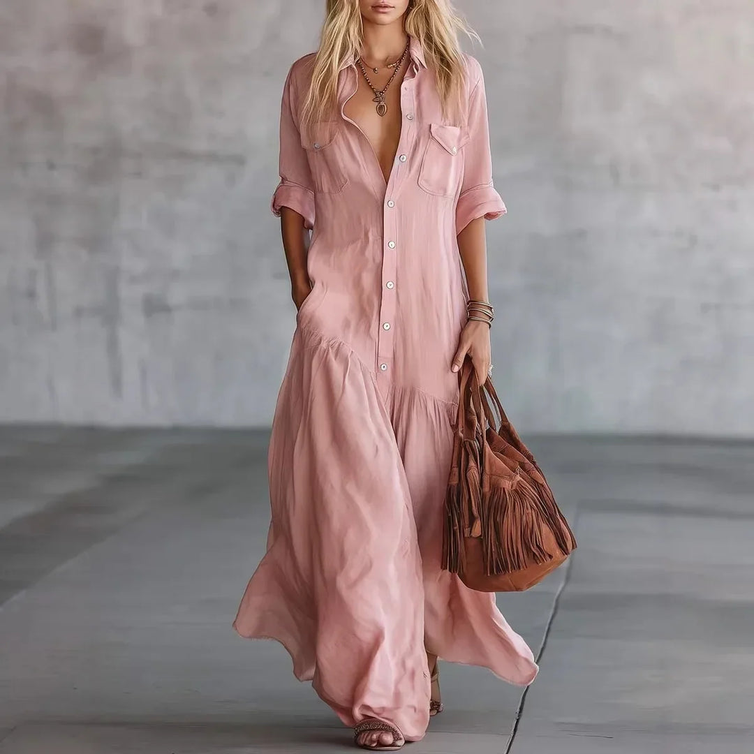 Flowy tiered button-down maxi dress for women. Effortless style, ideal for summer casual outings and comfort.