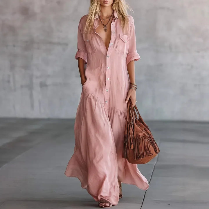 Flowy tiered button-down maxi dress for women. Effortless style, ideal for summer casual outings and comfort.