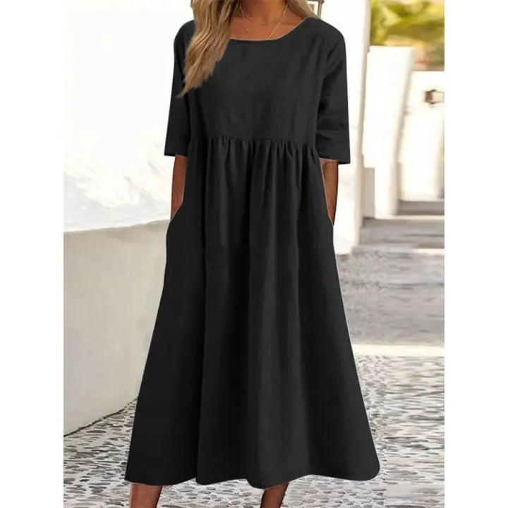 Elegant women's ankle-length maxi dress; a versatile, modest summer dress with half sleeves for casual comfort.