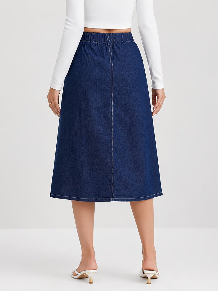 Casual women's medium blue denim A-line midi skirt, perfect for summer fashion & everyday versatile wear.