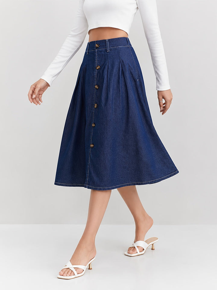 Effortless women's blue denim A-line midi skirt, ideal for casual wear. Features a stylish button-front.