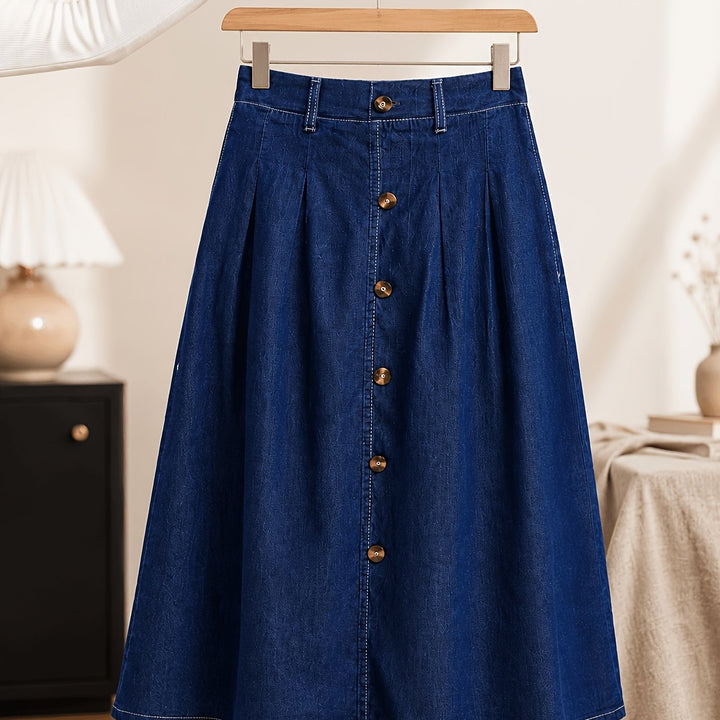 Versatile women's medium blue jean A-line midi skirt. Perfect casual everyday style with a button-front.