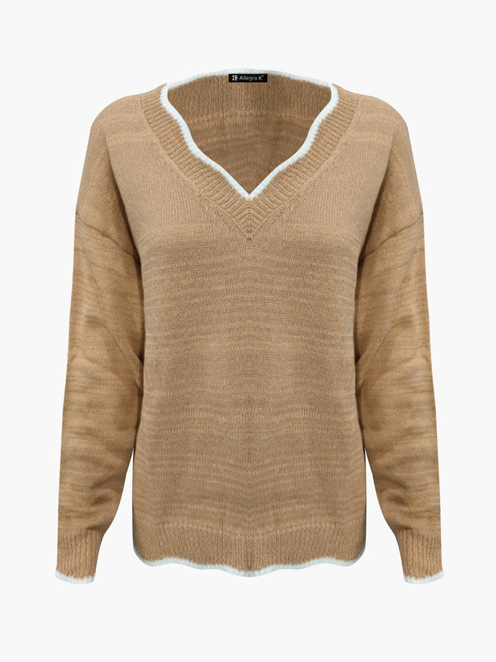 Chic everyday women's long sleeve v-neck pullover, relaxed fit style.