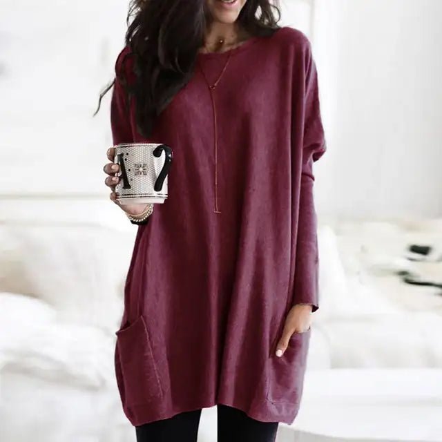Women's Effortless Oversized Long Sleeve Tunic Top, a comfortable casual wear essential.