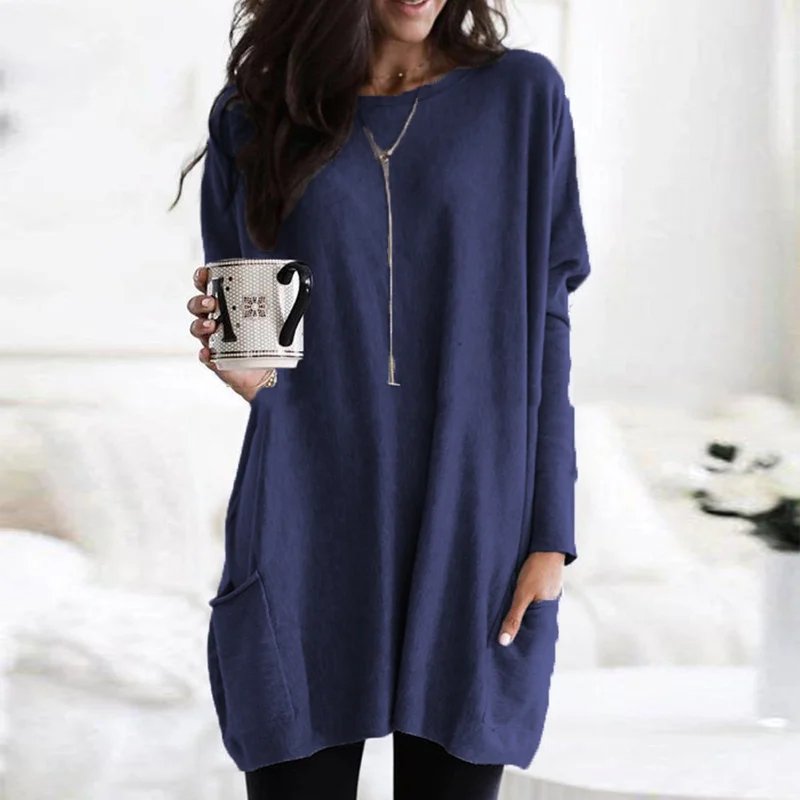 Relaxed fit women's oversized long sleeve tunic with pockets, great for casual & comfortable wear.