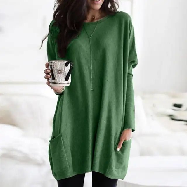 Oversized long sleeve tunic top for women with a pocket, perfect for casual & everyday style.