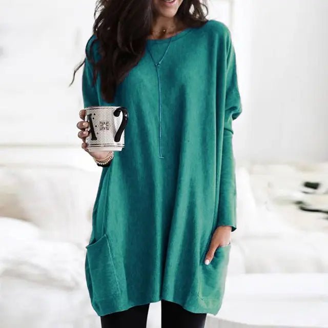 Versatile women's oversized long sleeve tunic top, great for work from home or layered looks.
