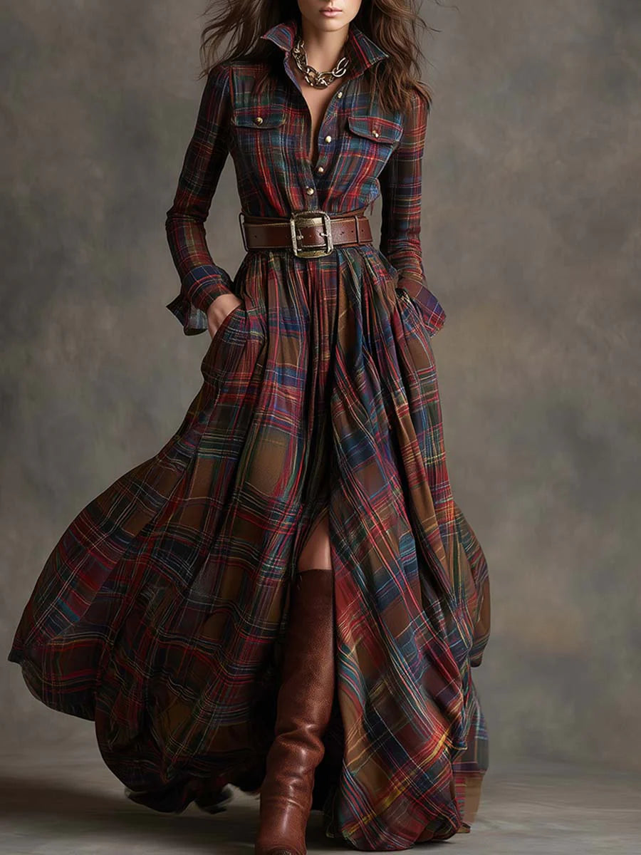 Women's effortless plaid maxi shirt dress with belt, long sleeves, and flowy pleated skirt for fall fashion.