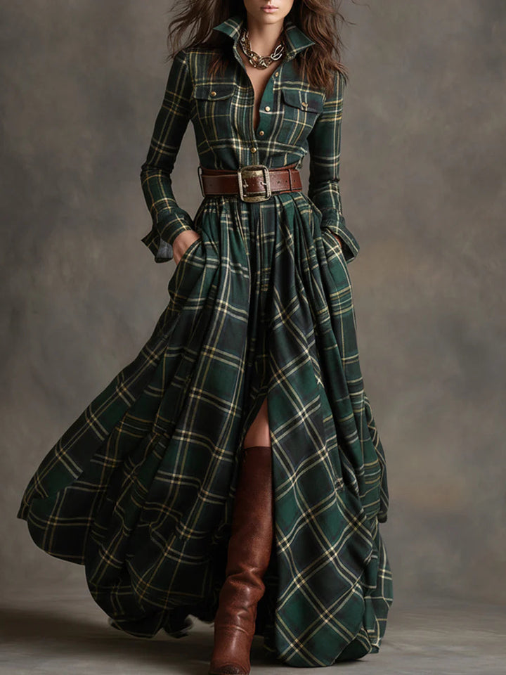 Elegant women's plaid maxi shirt dress, belted, with button-down front and long sleeves, perfect for transitional style.