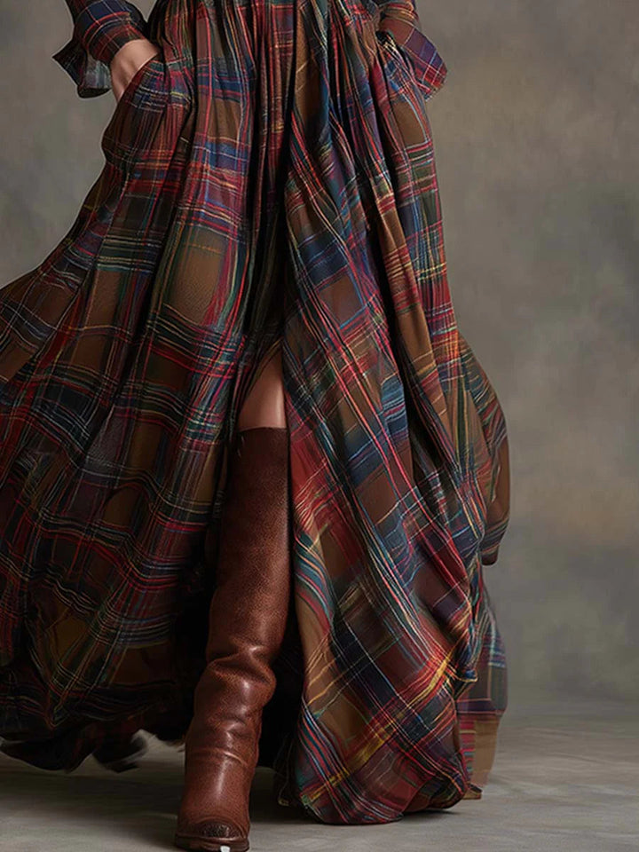 Effortless women's plaid maxi shirt dress, belted, with a comfortable flowy skirt, long sleeves for casual elegance.
