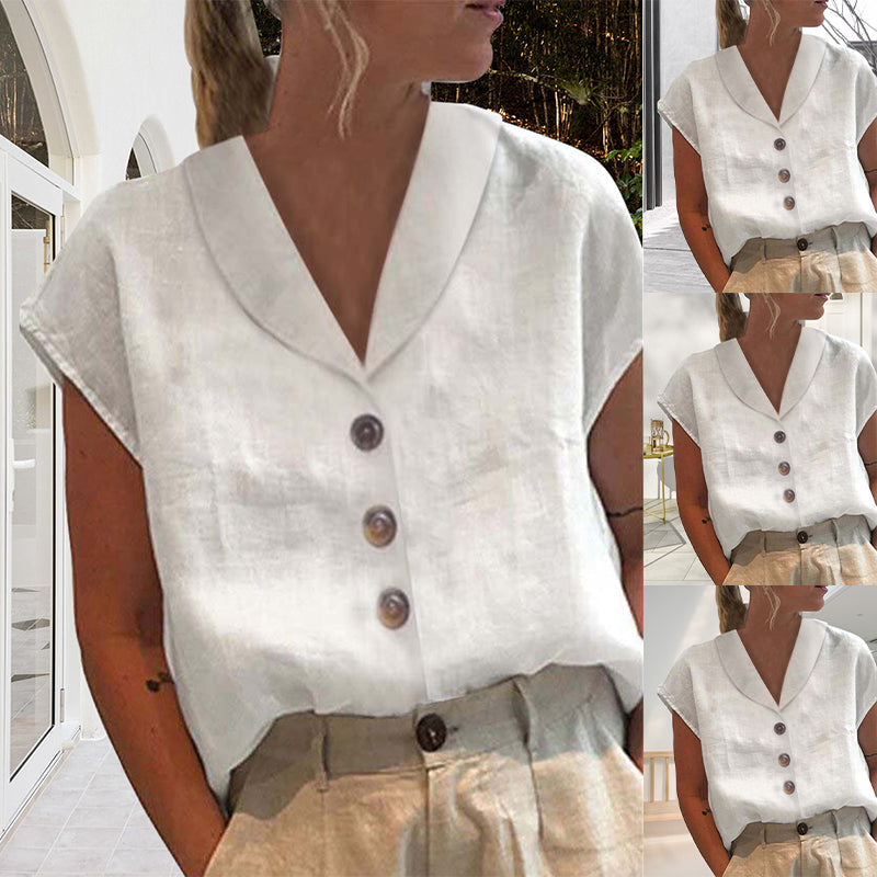Women's effortless short sleeve button-front shirt for casual everyday wear, relaxed fit.