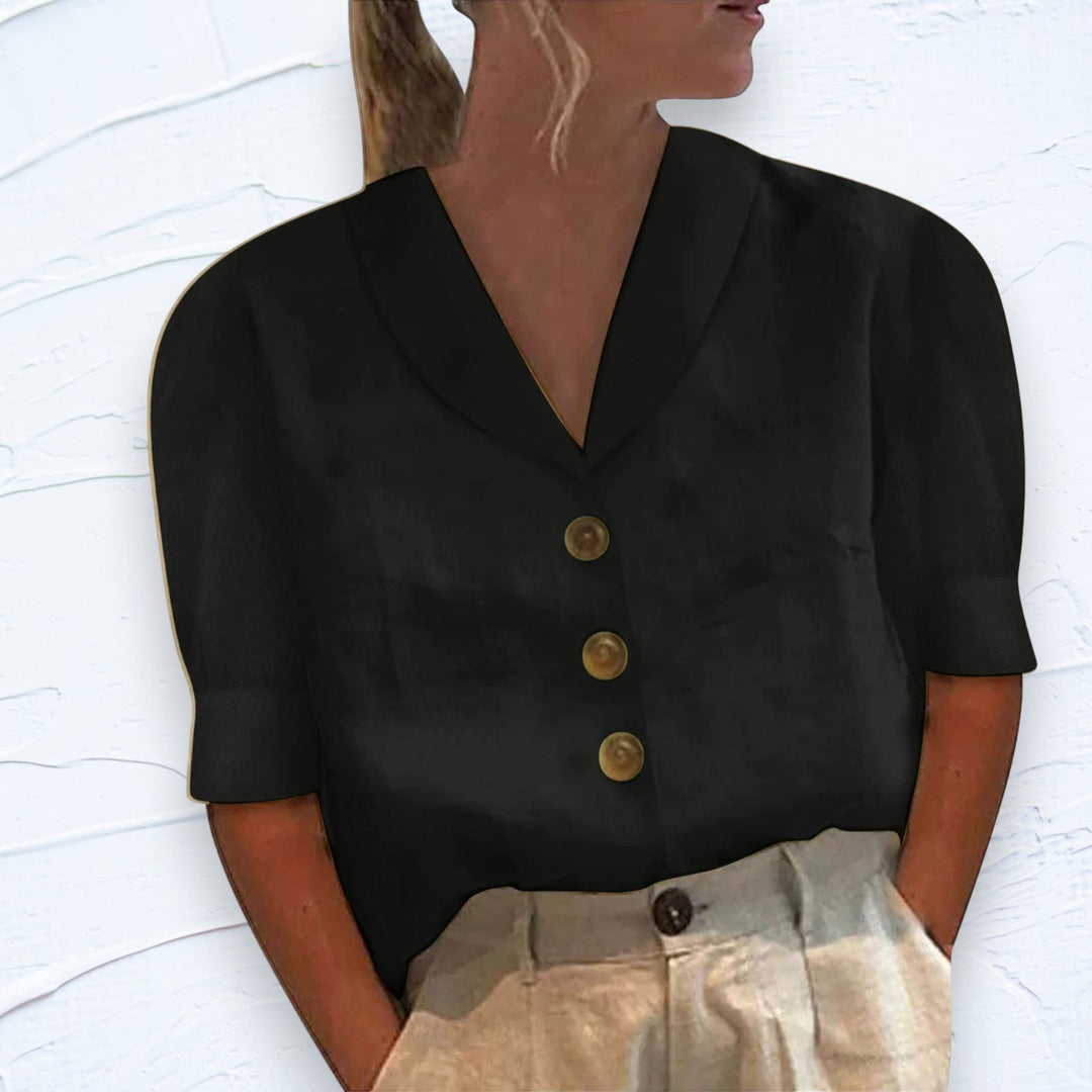 Versatile women's short sleeve button-front top, perfect for chic casual and everyday summer outfits.