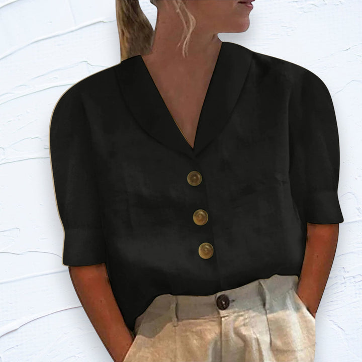 Versatile women's short sleeve button-front top, perfect for chic casual and everyday summer outfits.