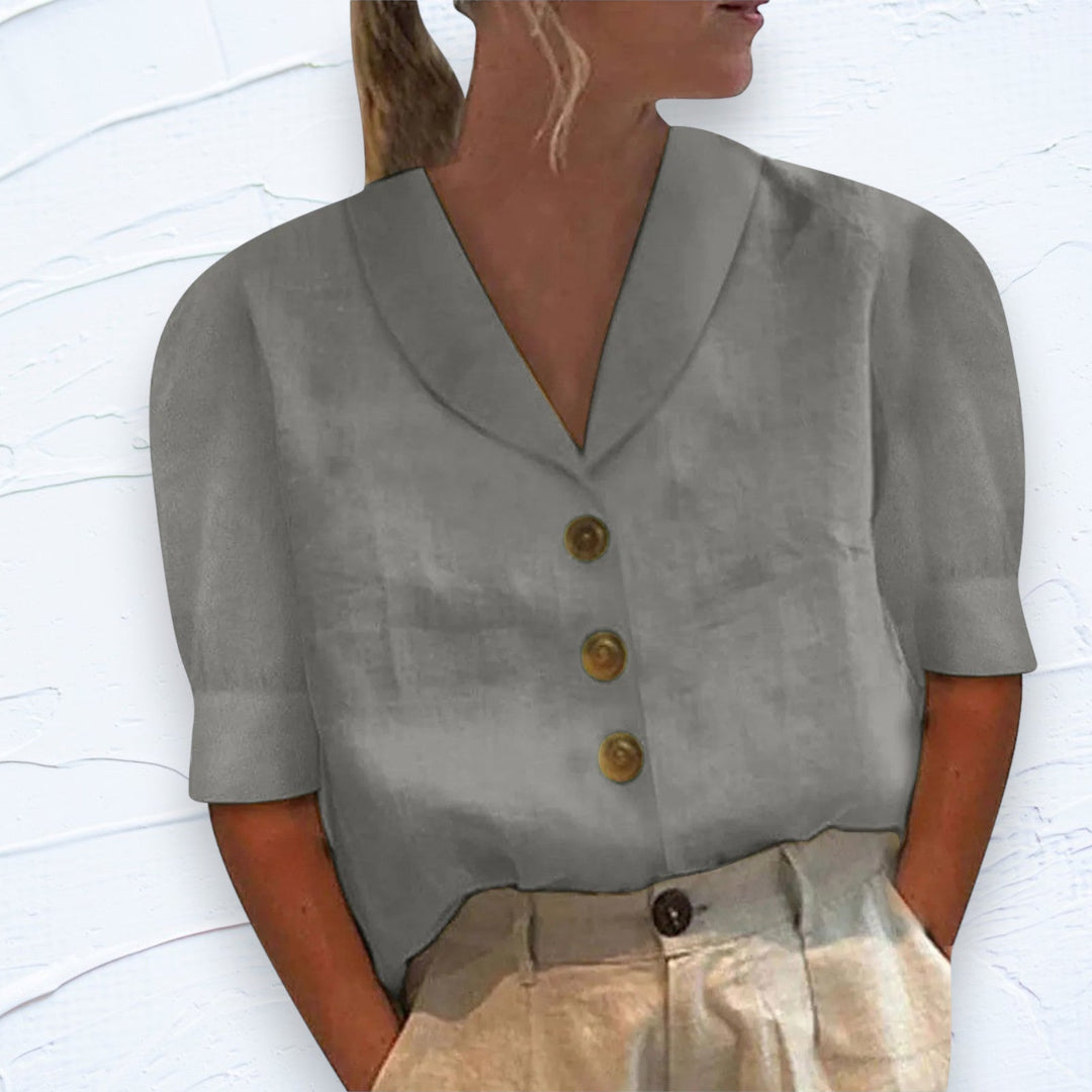 Comfortable women's relaxed fit short sleeve shirt with button front for easy everyday styling.