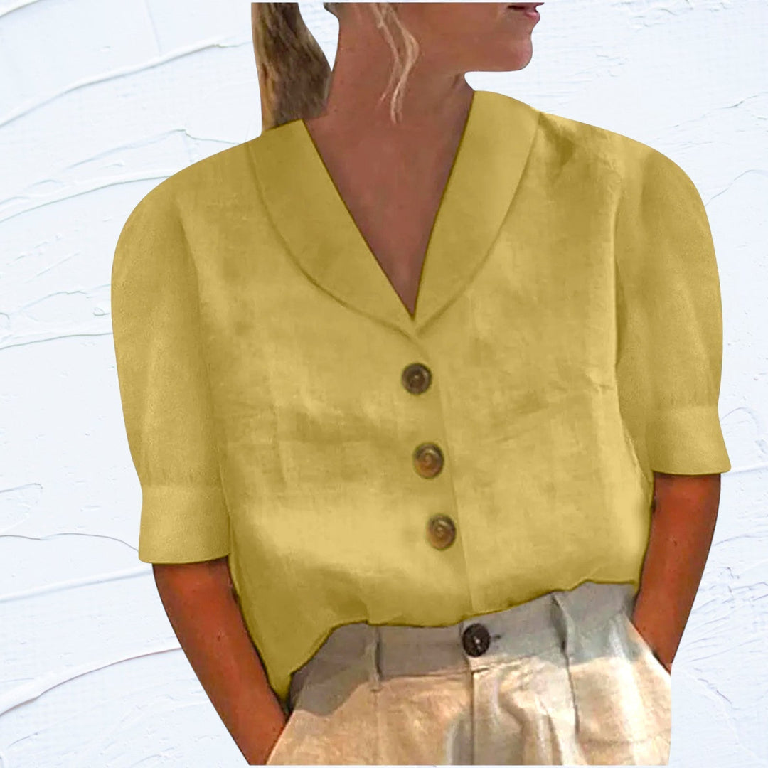Chic women's relaxed fit short sleeve shirt, a versatile button-front top for everyday comfort.