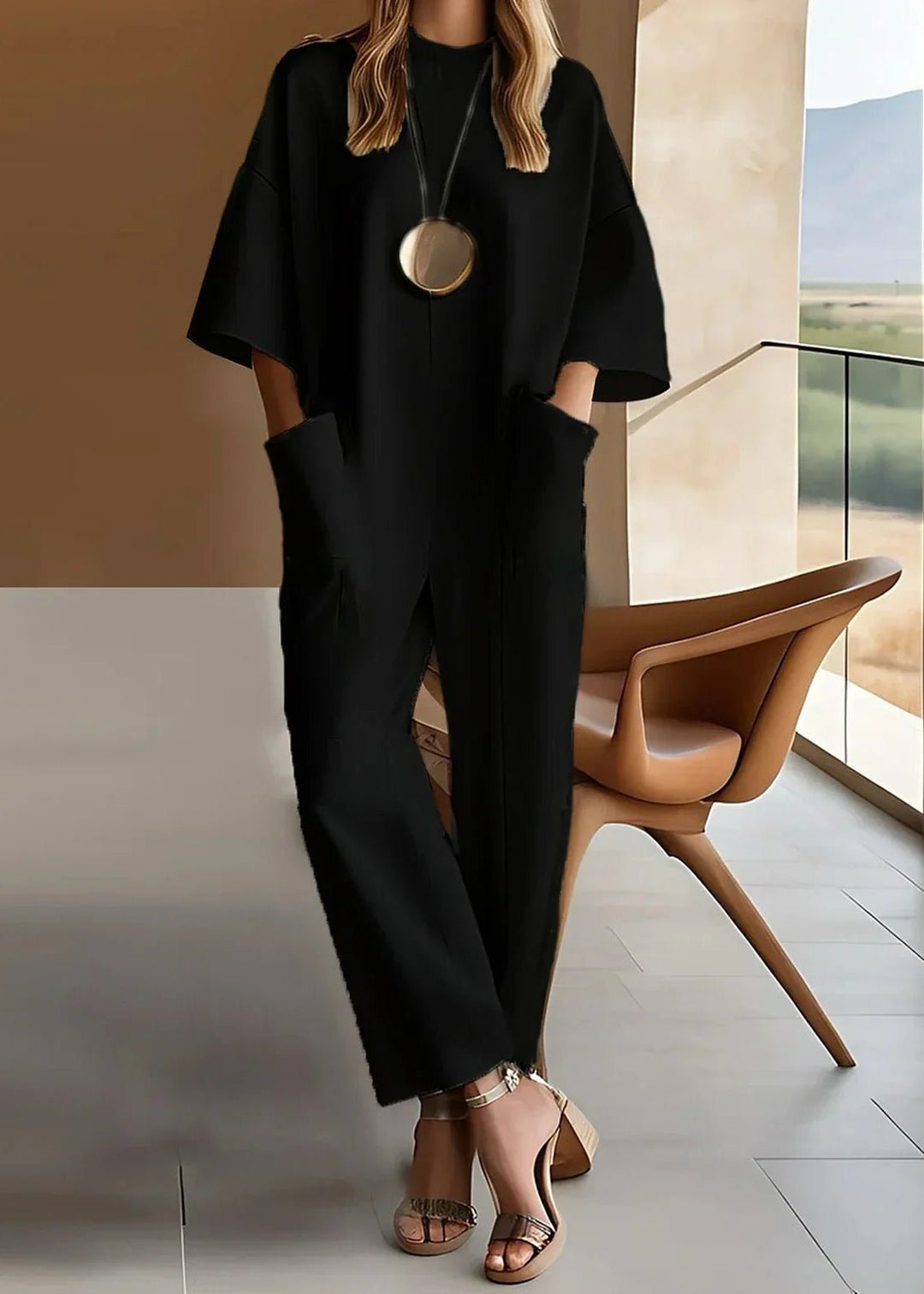 Chic black short sleeve wide leg jumpsuit for women. Comfortable one-piece, ideal for summer style & casual outfits.