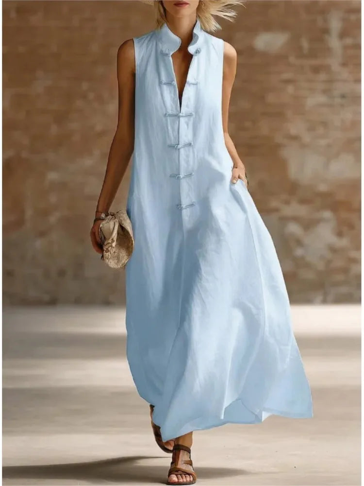 Women's effortless sleeveless maxi shirt dress, perfect for casual, elegant, and summer daily wear.