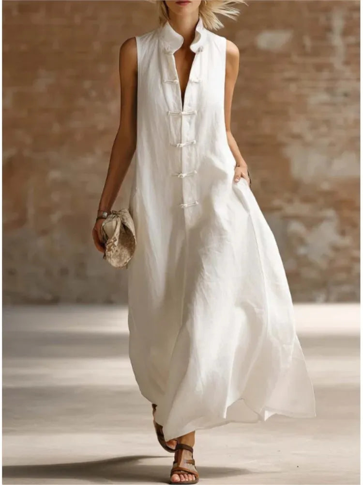 Stylish women's collared sleeveless maxi shirt dress with button-front, offering versatile daily wear.