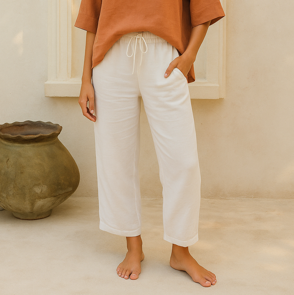 Loose fit, lightweight women's summer trousers. Perfect for comfortable casual fashion and everyday wear.