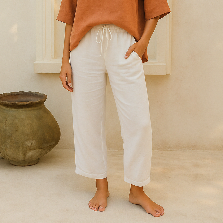 Loose fit, lightweight women's summer trousers. Perfect for comfortable casual fashion and everyday wear.