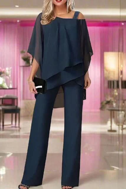 Woman wearing a comfortable women's two-piece set, perfect as a chic travel outfit and versatile day-to-night ensemble.