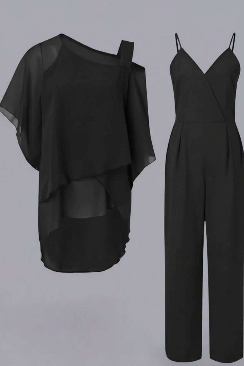 Back view of the women's effortless two-piece set, a coordinated casual elegant outfit with short-sleeve top and comfy pants.