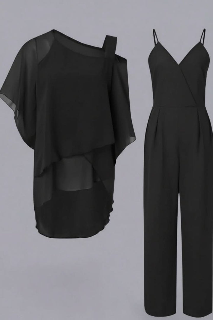 Back view of the women's effortless two-piece set, a coordinated casual elegant outfit with short-sleeve top and comfy pants.