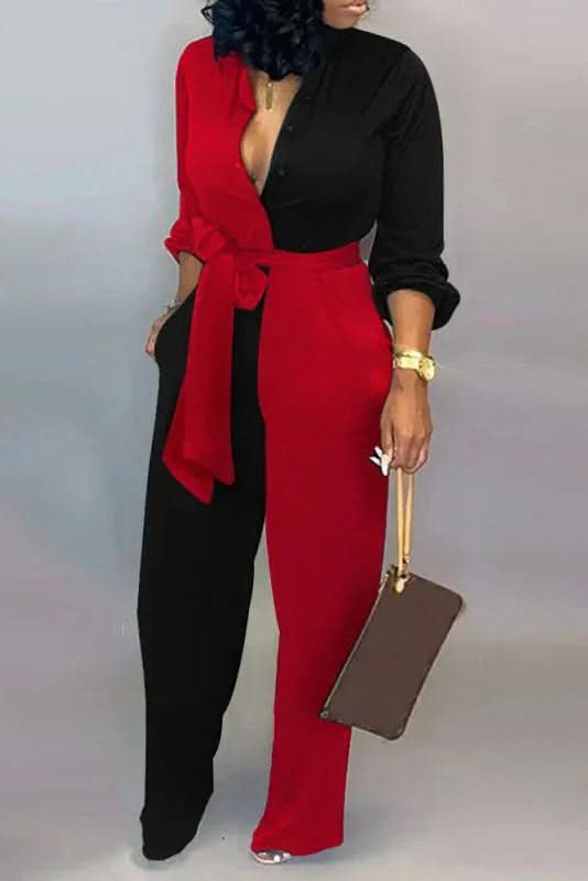 Elegant women's V-neck one-piece jumpsuit, offering comfortable, versatile style for any casual or dressy occasion.