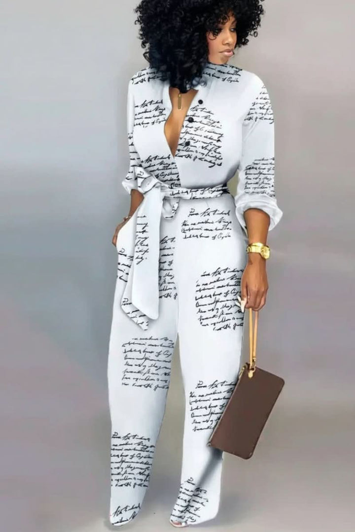 Stylish V-neck jumpsuit for women. An easy, comfortable one-piece outfit, great for spring, summer, and everyday wear.