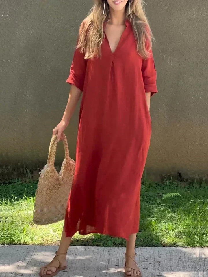 Chic women's 3/4 sleeve V-neck maxi dress with a side slit. Versatile for casual, vacation, or resort wear.