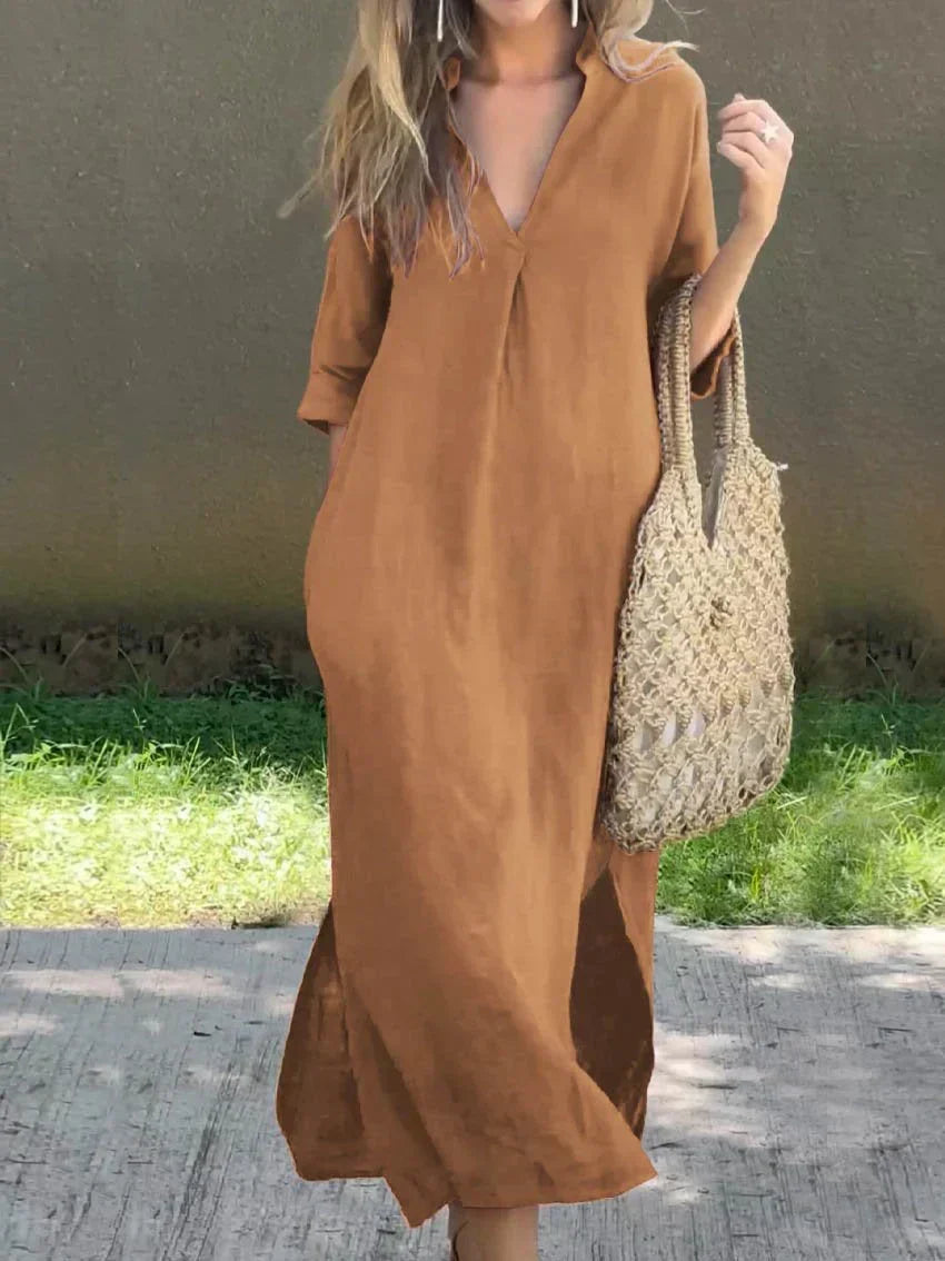 Casual elegant women's V-neck maxi dress. A comfortable, versatile piece for vacation, resort, or daily wear.