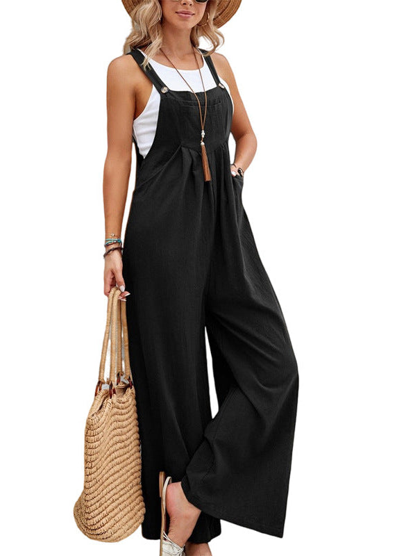 Boho chic women's wide leg jumpsuit, sleeveless design with practical pockets & adjustable straps.