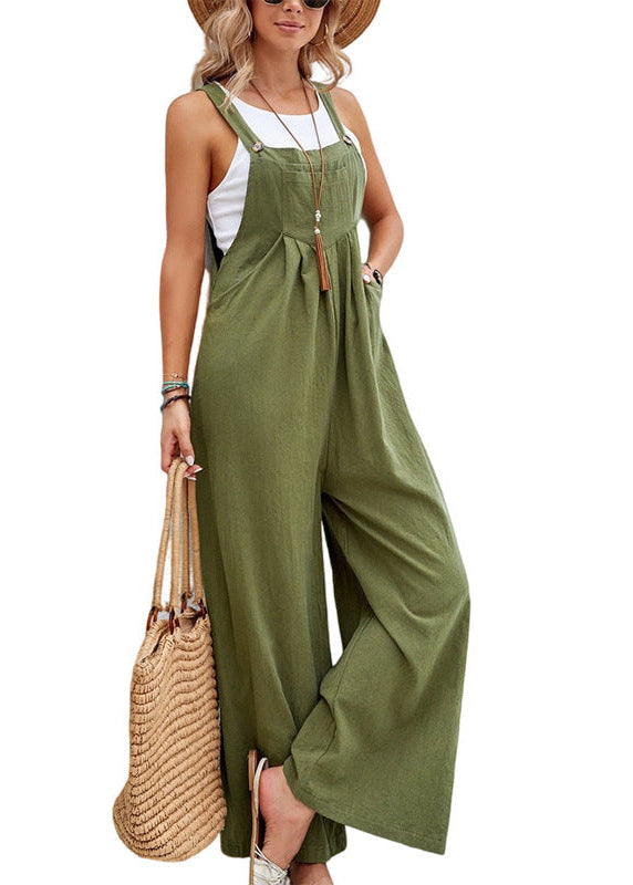Casual one-piece wide leg jumpsuit for women, featuring adjustable shoulder straps & functional pockets.